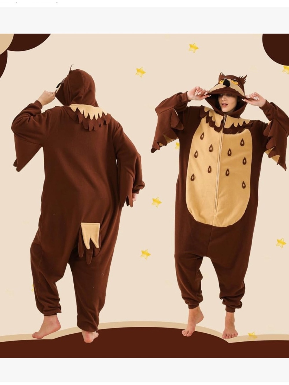 Halloween Brown Owl Adults Onesie - Cozy Hooded Jumpsuit - Picture 6 of 14